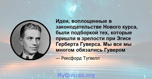 Идеи, воплощенные в законодательстве Нового курса, были подборкой тех, которые пришли в зрелости при Эгисе Герберта Гуверса. Мы все мы многом обязались Гувером