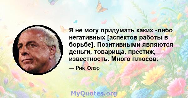 Я не могу придумать каких -либо негативных [аспектов работы в борьбе]. Позитивными являются деньги, товарища, престиж, известность. Много плюсов.