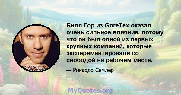 Билл Гор из GoreTex оказал очень сильное влияние, потому что он был одной из первых крупных компаний, которые экспериментировали со свободой на рабочем месте.