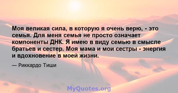 Моя великая сила, в которую я очень верю, - это семья. Для меня семья не просто означает компоненты ДНК. Я имею в виду семью в смысле братьев и сестер. Моя мама и мои сестры - энергия и вдохновение в моей жизни.