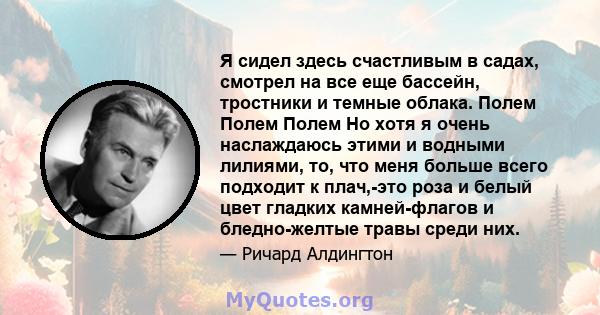 Я сидел здесь счастливым в садах, смотрел на все еще бассейн, тростники и темные облака. Полем Полем Полем Но хотя я очень наслаждаюсь этими и водными лилиями, то, что меня больше всего подходит к плач,-это роза и белый 