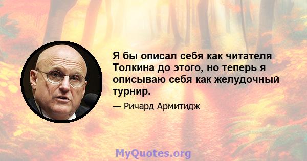 Я бы описал себя как читателя Толкина до этого, но теперь я описываю себя как желудочный турнир.