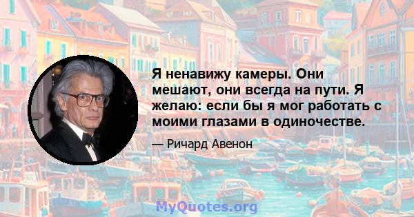 Я ненавижу камеры. Они мешают, они всегда на пути. Я желаю: если бы я мог работать с моими глазами в одиночестве.