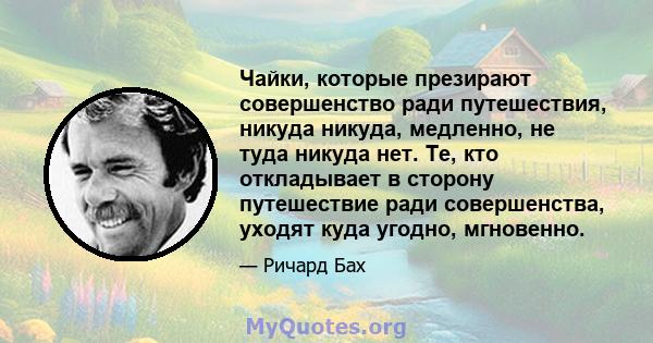 Чайки, которые презирают совершенство ради путешествия, никуда никуда, медленно, не туда никуда нет. Те, кто откладывает в сторону путешествие ради совершенства, уходят куда угодно, мгновенно.