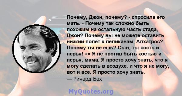 Почему, Джон, почему? - спросила его мать. - Почему так сложно быть похожим на остальную часть стада, Джон? Почему вы не можете оставить низкий полет к пеликанам, Алхатрос? Почему ты не ешь? Сын, ты кость и перья! »« Я