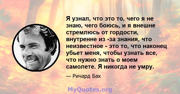 Я узнал, что это то, чего я не знаю, чего боюсь, и я внешне стремлюсь от гордости, внутренне из -за знания, что неизвестное - это то, что наконец убьет меня, чтобы узнать все, что нужно знать о моем самолете. Я никогда