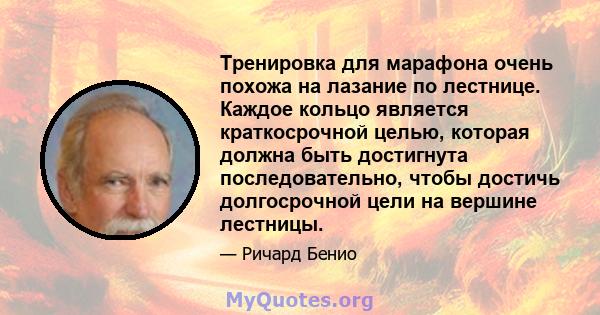 Тренировка для марафона очень похожа на лазание по лестнице. Каждое кольцо является краткосрочной целью, которая должна быть достигнута последовательно, чтобы достичь долгосрочной цели на вершине лестницы.