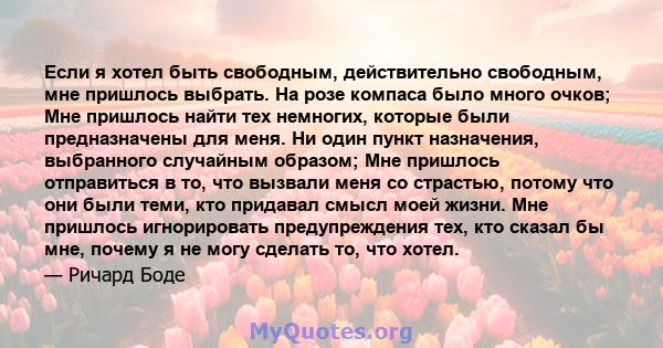 Если я хотел быть свободным, действительно свободным, мне пришлось выбрать. На розе компаса было много очков; Мне пришлось найти тех немногих, которые были предназначены для меня. Ни один пункт назначения, выбранного