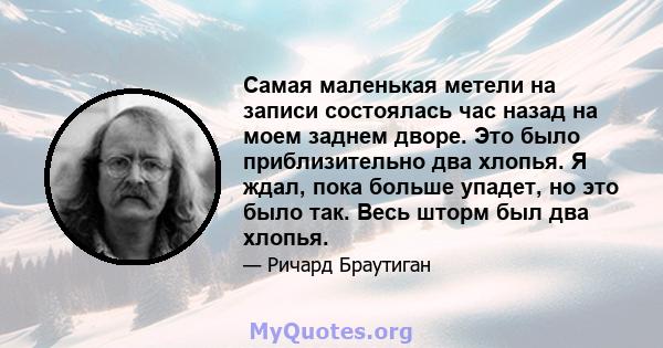 Самая маленькая метели на записи состоялась час назад на моем заднем дворе. Это было приблизительно два хлопья. Я ждал, пока больше упадет, но это было так. Весь шторм был два хлопья.