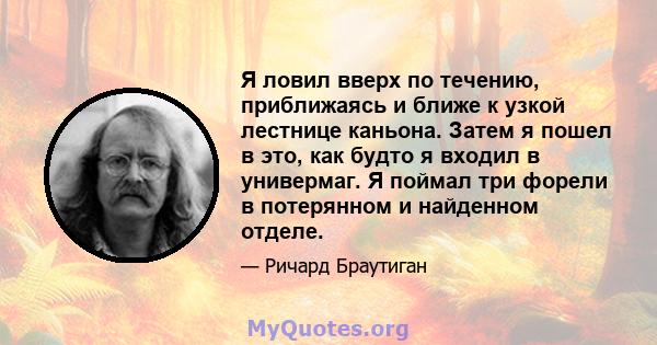 Я ловил вверх по течению, приближаясь и ближе к узкой лестнице каньона. Затем я пошел в это, как будто я входил в универмаг. Я поймал три форели в потерянном и найденном отделе.