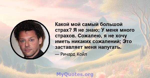 Какой мой самый большой страх? Я не знаю; У меня много страхов. Сожалею, я не хочу иметь никаких сожалений; Это заставляет меня напугать.