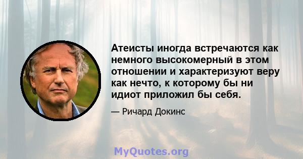 Атеисты иногда встречаются как немного высокомерный в этом отношении и характеризуют веру как нечто, к которому бы ни идиот приложил бы себя.