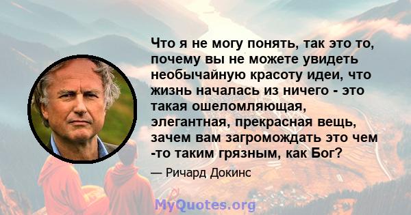 Что я не могу понять, так это то, почему вы не можете увидеть необычайную красоту идеи, что жизнь началась из ничего - это такая ошеломляющая, элегантная, прекрасная вещь, зачем вам загромождать это чем -то таким