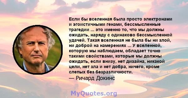 Если бы вселенная была просто электронами и эгоистичными генами, бессмысленные трагедии ... это именно то, что мы должны ожидать, наряду с одинаково бессмысленной удачей. Такая вселенная не была бы ни злой, ни доброй на 