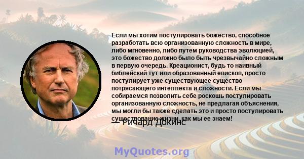 Если мы хотим постулировать божество, способное разработать всю организованную сложность в мире, либо мгновенно, либо путем руководства эволюцией, это божество должно было быть чрезвычайно сложным в первую очередь.