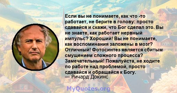 Если вы не понимаете, как что -то работает, не берите в голову: просто сдавайся и скажи, что Бог сделал это. Вы не знаете, как работает нервный импульс? Хороший! Вы не понимаете, как воспоминания заложены в мозг?