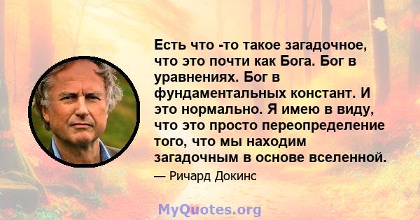 Есть что -то такое загадочное, что это почти как Бога. Бог в уравнениях. Бог в фундаментальных констант. И это нормально. Я имею в виду, что это просто переопределение того, что мы находим загадочным в основе вселенной.