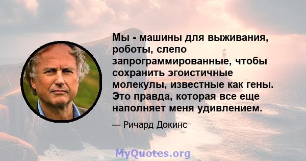 Мы - машины для выживания, роботы, слепо запрограммированные, чтобы сохранить эгоистичные молекулы, известные как гены. Это правда, которая все еще наполняет меня удивлением.