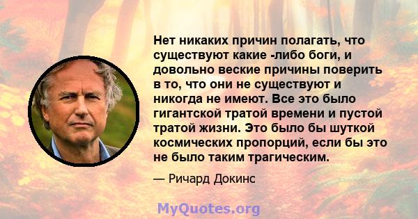 Нет никаких причин полагать, что существуют какие -либо боги, и довольно веские причины поверить в то, что они не существуют и никогда не имеют. Все это было гигантской тратой времени и пустой тратой жизни. Это было бы