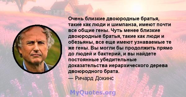 Очень близкие двоюродные братья, такие как люди и шимпанза, имеют почти все общие гены. Чуть менее близкие двоюродные братья, такие как люди и обезьяны, все еще имеют узнаваемые те же гены. Вы могли бы продолжить прямо