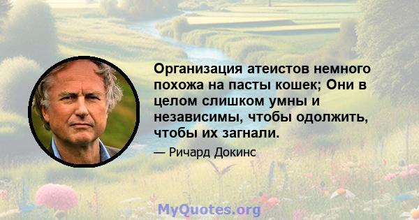 Организация атеистов немного похожа на пасты кошек; Они в целом слишком умны и независимы, чтобы одолжить, чтобы их загнали.