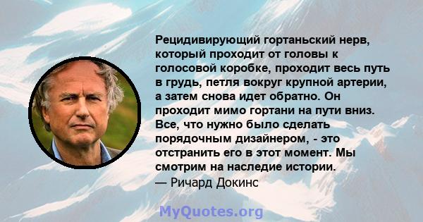 Рецидивирующий гортаньский нерв, который проходит от головы к голосовой коробке, проходит весь путь в грудь, петля вокруг крупной артерии, а затем снова идет обратно. Он проходит мимо гортани на пути вниз. Все, что