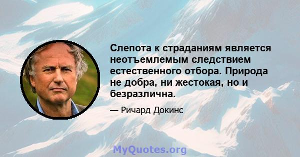 Слепота к страданиям является неотъемлемым следствием естественного отбора. Природа не добра, ни жестокая, но и безразлична.