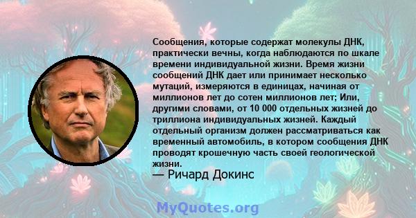 Сообщения, которые содержат молекулы ДНК, практически вечны, когда наблюдаются по шкале времени индивидуальной жизни. Время жизни сообщений ДНК дает или принимает несколько мутаций, измеряются в единицах, начиная от