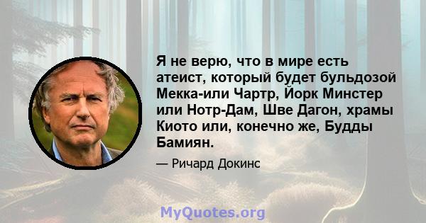 Я не верю, что в мире есть атеист, который будет бульдозой Мекка-или Чартр, Йорк Минстер или Нотр-Дам, Шве Дагон, храмы Киото или, конечно же, Будды Бамиян.