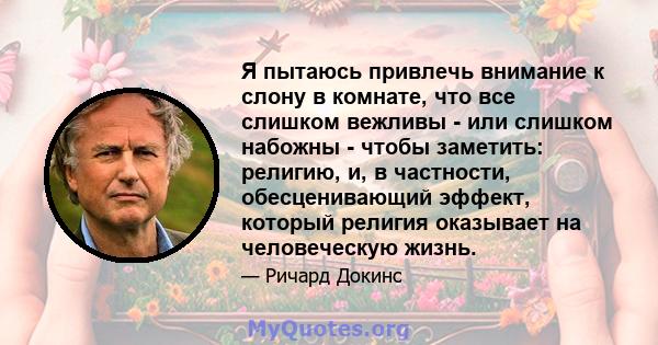 Я пытаюсь привлечь внимание к слону в комнате, что все слишком вежливы - или слишком набожны - чтобы заметить: религию, и, в частности, обесценивающий эффект, который религия оказывает на человеческую жизнь.