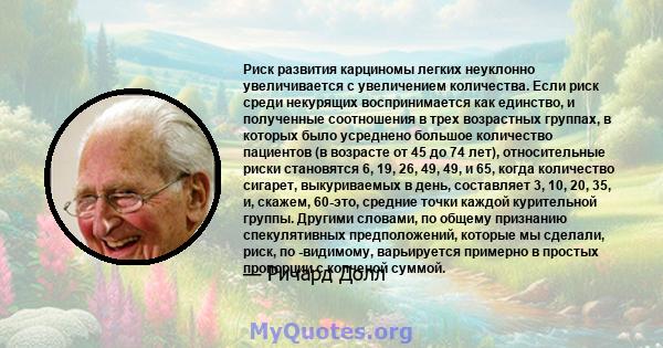 Риск развития карциномы легких неуклонно увеличивается с увеличением количества. Если риск среди некурящих воспринимается как единство, и полученные соотношения в трех возрастных группах, в которых было усреднено