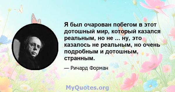 Я был очарован побегом в этот дотошный мир, который казался реальным, но не ... ну, это казалось не реальным, но очень подробным и дотошным, странным.