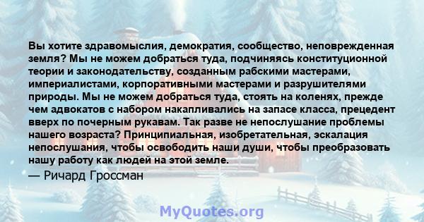 Вы хотите здравомыслия, демократия, сообщество, неповрежденная земля? Мы не можем добраться туда, подчиняясь конституционной теории и законодательству, созданным рабскими мастерами, империалистами, корпоративными