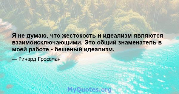 Я не думаю, что жестокость и идеализм являются взаимоисключающими. Это общий знаменатель в моей работе - бешеный идеализм.