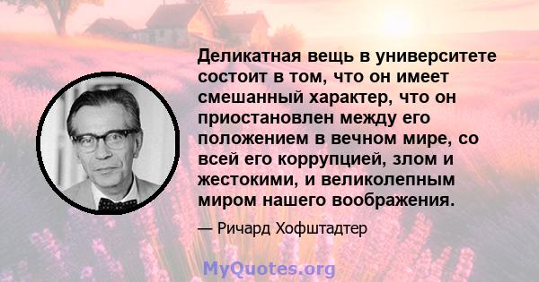 Деликатная вещь в университете состоит в том, что он имеет смешанный характер, что он приостановлен между его положением в вечном мире, со всей его коррупцией, злом и жестокими, и великолепным миром нашего воображения.