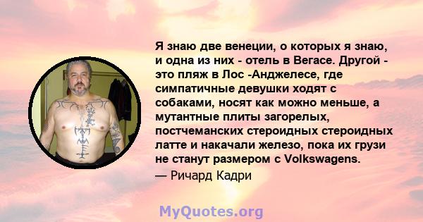 Я знаю две венеции, о которых я знаю, и одна из них - отель в Вегасе. Другой - это пляж в Лос -Анджелесе, где симпатичные девушки ходят с собаками, носят как можно меньше, а мутантные плиты загорелых, постчеманских