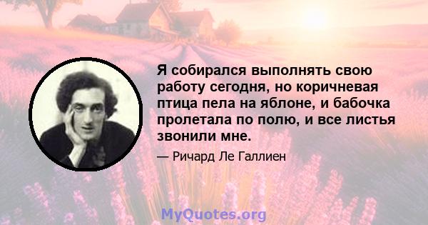 Я собирался выполнять свою работу сегодня, но коричневая птица пела на яблоне, и бабочка пролетала по полю, и все листья звонили мне.