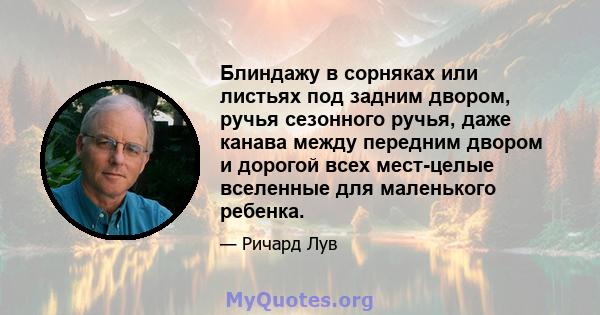 Блиндажу в сорняках или листьях под задним двором, ручья сезонного ручья, даже канава между передним двором и дорогой всех мест-целые вселенные для маленького ребенка.