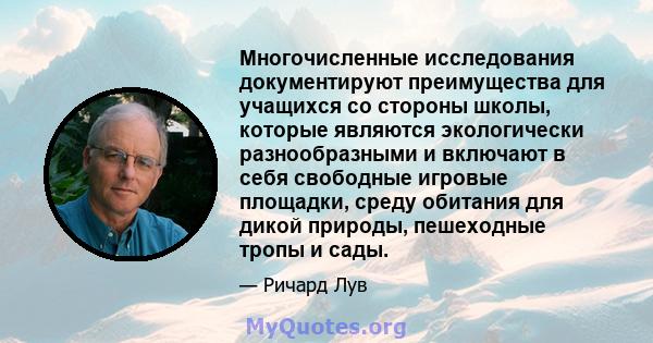 Многочисленные исследования документируют преимущества для учащихся со стороны школы, которые являются экологически разнообразными и включают в себя свободные игровые площадки, среду обитания для дикой природы,