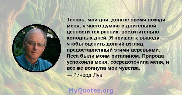 Теперь, мои дни, долгое время позади меня, я часто думаю о длительной ценности тех ранних, восхитительно холодных дней. Я пришел к выводу, чтобы оценить долгий взгляд, предоставленный этими деревьями. Леса были моим