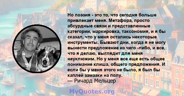 Но поэзия - это то, что сегодня больше привлекает меня. Метафора, просто абсурдные связи и представленные категории, маркировка, таксономия, и я бы сказал, что у меня остались некоторые инструменты. Бывают дни, когда я