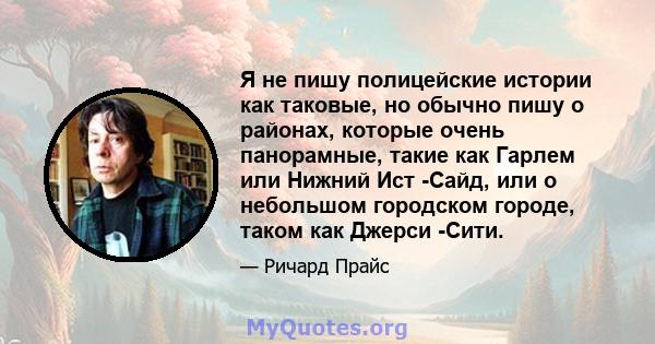 Я не пишу полицейские истории как таковые, но обычно пишу о районах, которые очень панорамные, такие как Гарлем или Нижний Ист -Сайд, или о небольшом городском городе, таком как Джерси -Сити.