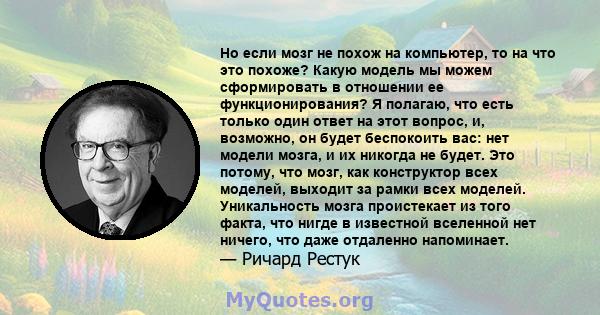 Но если мозг не похож на компьютер, то на что это похоже? Какую модель мы можем сформировать в отношении ее функционирования? Я полагаю, что есть только один ответ на этот вопрос, и, возможно, он будет беспокоить вас: