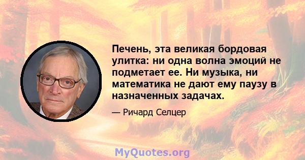 Печень, эта великая бордовая улитка: ни одна волна эмоций не подметает ее. Ни музыка, ни математика не дают ему паузу в назначенных задачах.