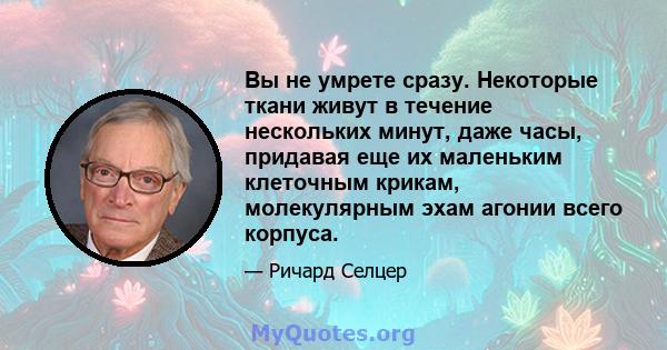 Вы не умрете сразу. Некоторые ткани живут в течение нескольких минут, даже часы, придавая еще их маленьким клеточным крикам, молекулярным эхам агонии всего корпуса.