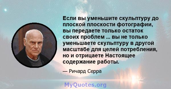 Если вы уменьшите скульптуру до плоской плоскости фотографии, вы передаете только остаток своих проблем ... вы не только уменьшаете скульптуру в другой масштабе для целей потребления, но и отрицаете Настоящее содержание 