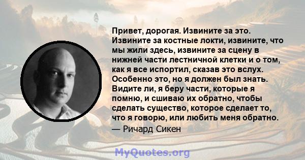 Привет, дорогая. Извините за это. Извините за костные локти, извините, что мы жили здесь, извините за сцену в нижней части лестничной клетки и о том, как я все испортил, сказав это вслух. Особенно это, но я должен был