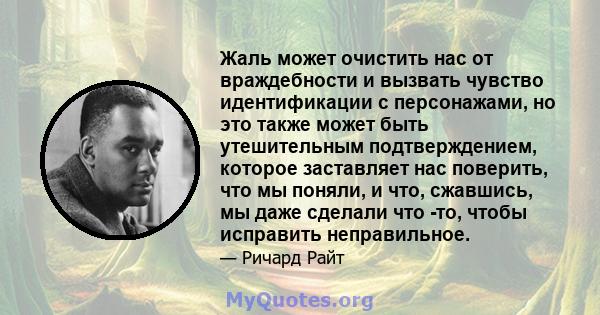 Жаль может очистить нас от враждебности и вызвать чувство идентификации с персонажами, но это также может быть утешительным подтверждением, которое заставляет нас поверить, что мы поняли, и что, сжавшись, мы даже