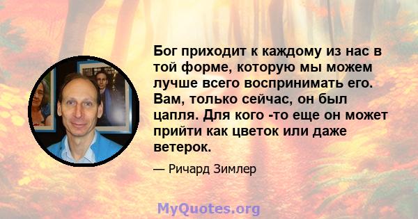 Бог приходит к каждому из нас в той форме, которую мы можем лучше всего воспринимать его. Вам, только сейчас, он был цапля. Для кого -то еще он может прийти как цветок или даже ветерок.