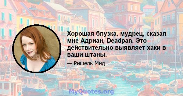 Хорошая блузка, мудрец, сказал мне Адриан, Deadpan. Это действительно выявляет хаки в ваши штаны.